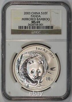 10 Yuan 2003 China Panda Mirrored Bamboo 1oz. 999 Fine Silver Coin NGC MS-69