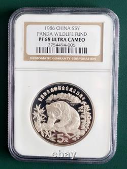 1986 China Panda Coin 22.22 grams 0.900 Proof Silver WWF 5 Yuan NGC PF68