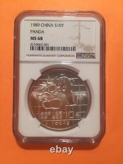 1989 China Silver Panda Coin Old 1oz 999 NGC MS68 Chinese GEM 10 Yuan RMB