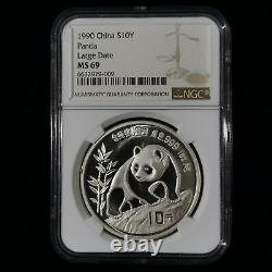1990 China 10 Yuan 1 oz Ag. 999 Panda Silver Coin NGC MS69 Large Date