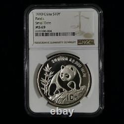 1990 China 10 Yuan 1 oz Ag. 999 Panda Silver Coin NGC MS69 Small Date
