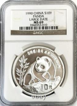 1990 Silver China 10 Yuan 1 Oz Panda Large Date Coin Ngc Mint State 69