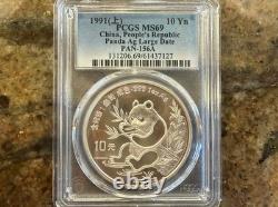 1991 1oz 10 Yuan China Silver Panda Coin Large Date MS 69