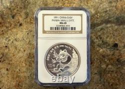 1991 1oz 10 Yuan China Silver Panda Coin Small Date MS 69