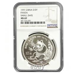 1991 China Panda Small Date 1 oz. 999 Silver 10 Yuan Coin NGC MS69