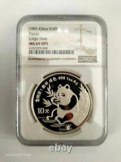 1991 China Panda silver Coin, 10 Yuan 1 OZ, NGC ms 69 DPL