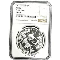 1992 China Silver Panda 1oz. 999 10 Yuan NGC MS69 Small Date