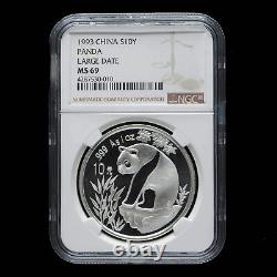 1993 China 1oz 10 Yuan Panda Silver Coin NGC MS69 large Date