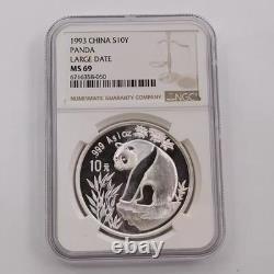 1993 China Silver Panda 1oz. 999 10 Yuan NGC MS69 Large Date 1993 China Silver Panda 1oz. 999 10 Yuan NGC MS69 Large Date