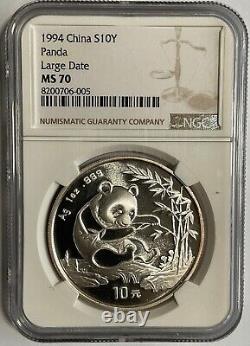 1994 China 10 YUAN silver panda Coin 1 oz large date NGC MS 70