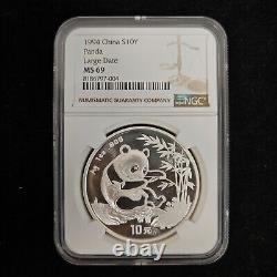 1994 China 10 Yuan 1 oz Panda Silver Coin NGC MS69 Large Date