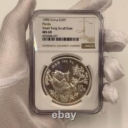 1995 China Panda 1oz. 999 Silver 10 Yuan NGC MS69 Small Twig Small Date