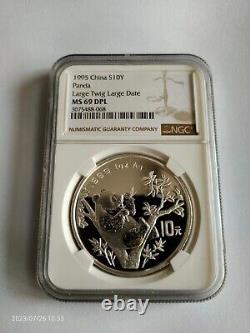 1995 China Panda silver Coin, 10 Yuan 1 OZ, NGC ms 69 DPL