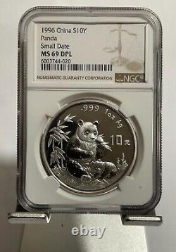 1996 China Panda silver Coin, 10 Yuan 1 OZ, NGC ms 69 DPL