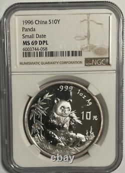 1996 China Panda silver Coin, 10 Yuan 1 OZ, NGC ms 69 DPL