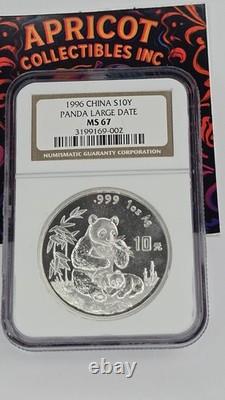 1996 NGC MS67 China Panda 10 Yuan 1oz. 999 Silver Coin 10 YN Large Date MS67