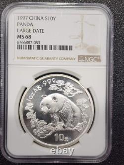 1997 China 10 Yuan Panda 1 oz Silver Coin NGC MS68 Large Date 6887053
