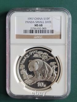 1997 China Coin Panda 1 oz 0.999 Silver NGC MS68 Small Date