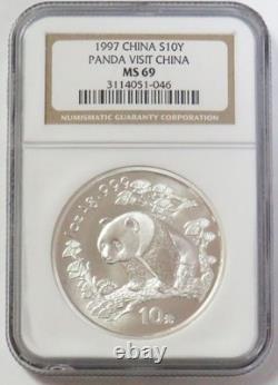 1997 SILVER VISIT CHINA 10 YUAN PANDA 1oz NGC MINT STATE 69