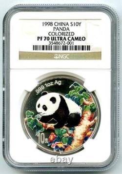 1998 China 10 Yuan 1 Oz. 999 Silver Panda Colorized Ngc Pf70 Ultra Cameo Top Pop