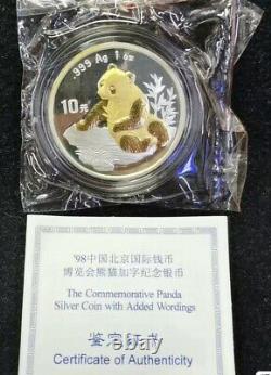 1998 China 10 Yuan Beijing Coin Expo 1oz Gilt Panda Silver Coin, with certificate
