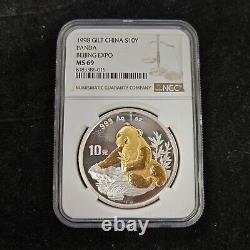 1998 China Beijing Coin Expo 10 Yuan 1oz Gilt Panda Silver Coin NGC MS69