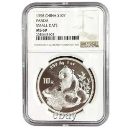 1998 China Silver Panda Small Date 1oz. 999 10 Yuan Coin NGC MS69