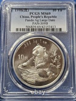 1998 SILVER CHINA 10 YUAN LARGE DATE PANDA 1oz PCGS MS 69. BRIGHT COIN