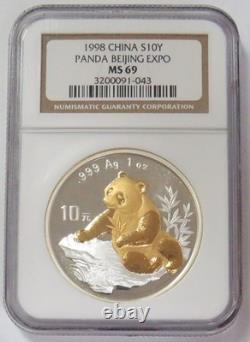 1998 SILVER CHINA 1oz 10 YUAN BEIJING EXPO PANDA NGC MINT STATE 69
