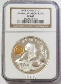 1998 SILVER CHINA AVIATION EXPO PANDA 10 YUAN 1oz NGC MINT STATE 69