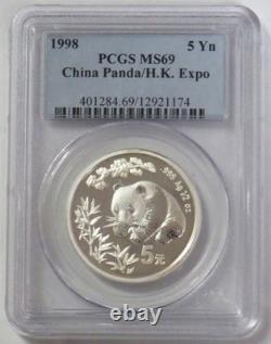 1998 SILVER CHINA PANDA 5 YUAN HONG KONG EXPO 1/2oz PCGS MINT STATE 69