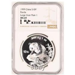 1999 China Silver Panda Large Date Plain 1 1oz. 999 10 Yuan Coin NGC MS69