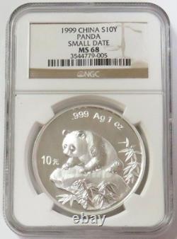 1999 SILVER CHINA 1oz SMALL DATE 10 YUAN PANDA NGC MINT STATE 68