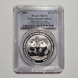 1 oz 2009 China Panda Silver 30th Anniversary 10 Yuan PCGS MS70 Graded Coin