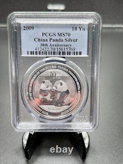 1 oz 2009 China Panda Silver 30th Anniversary 10 Yuan PCGS MS70 Graded Coin