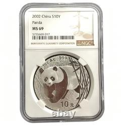 2002 China Silver Panda 1oz. 999 Fine Silver 10 Yuan Coin NGC MS69