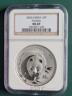 2003 China Coin Panda 1 oz 0.999 Silver coin NGC MS69