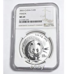 2003 China Silver Panda 1oz. 999 Fine Silver 10 Yuan Coin NGC MS69