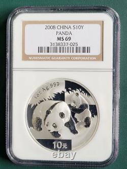 2008 China Coin Panda 1 oz 0.999 Silver NGC MS69