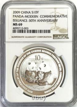 2009 Silver China 10 Yuan 1 Oz Panda 30th Anniversary Coin Ngc Mint State 69