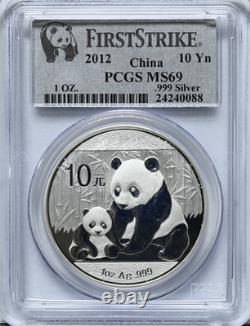 2012 10 Yn China Panda Mint Silver Coin 1 oz First Strike. 999 PCGS MS69 Graded