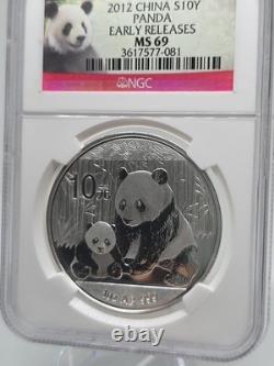 2012 China Panda. 999 Fine Silver 1 Ounce 10Yn Coin NGC MS 69 Early Releases