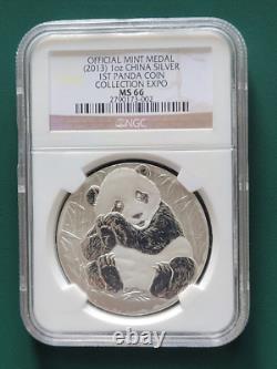 2013 CHINA 1 oz silver 999 mint medal PANDA NGC MS66 1st Panda Expo Mintage 1000