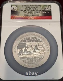 2014 China 5 Oz Silver Panda Medal Smithsonian Institution NGC PF 69 UC Box COA