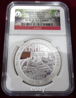 2014 China Panda Smithsonian Medal PF70 Ultra Cameo. 999 fine silver Box & COA