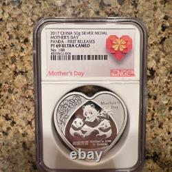 2017 China 50g Silver Medal, Panda, Mother's Day NGC Certified PF69