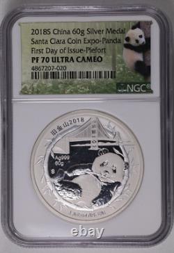 2018-S-China Panda 60g Piefort Santa Clara Coin Expo- NGC PF-70 UC FIRST DAY