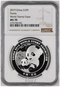 2019 China 10 Yuan World Stamp Expo 30 g Panda Silver Coin NGC MS70