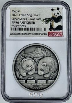 2020 China Lunar Series Two Rats 62g PANDA Silver Medal NGC PF70 Antiqued LowPop