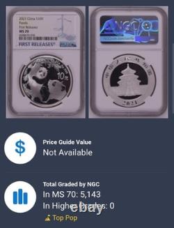 2021 MS70 30g S10Y 10 Yuan China Silver Panda First Releases NGC Blue Label